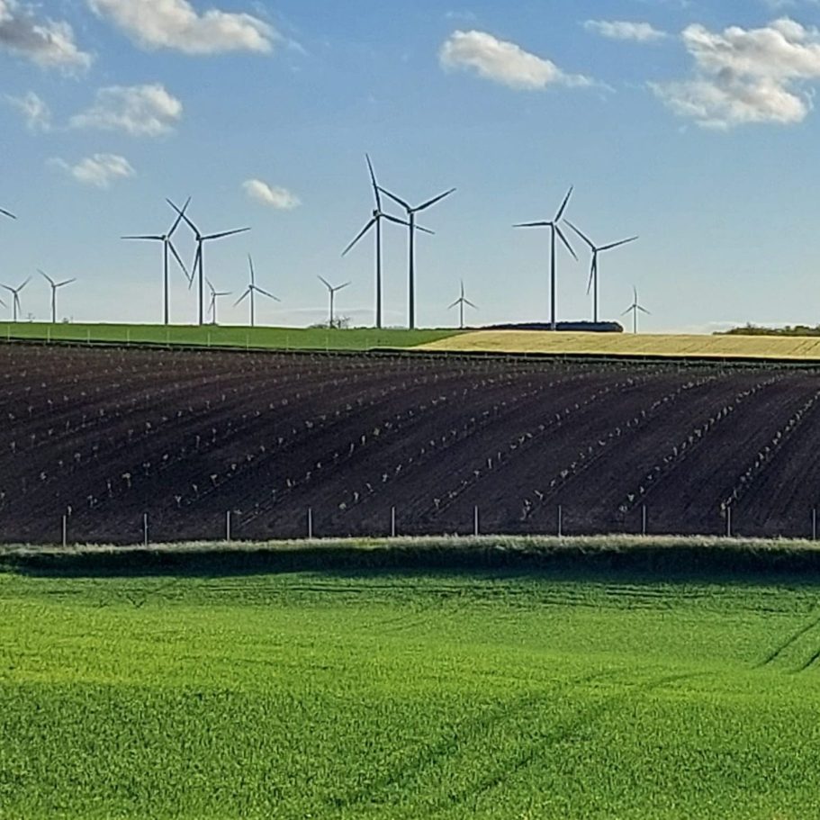Windkraftanlagen stehen hinter grünen Feldern und sanften Hügeln unter blauem Himmel.